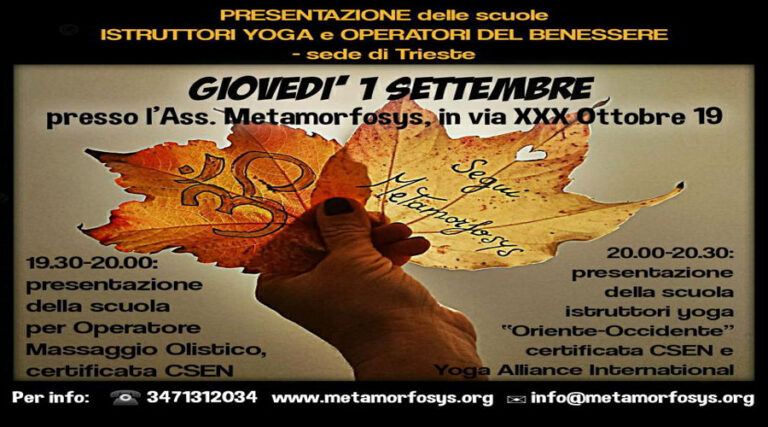 1 Settembre 2022 – PRESENTAZIONE delle scuole ISTRUTTORI YOGA e OPERATORI DEL BENESSERE- sede di Trieste