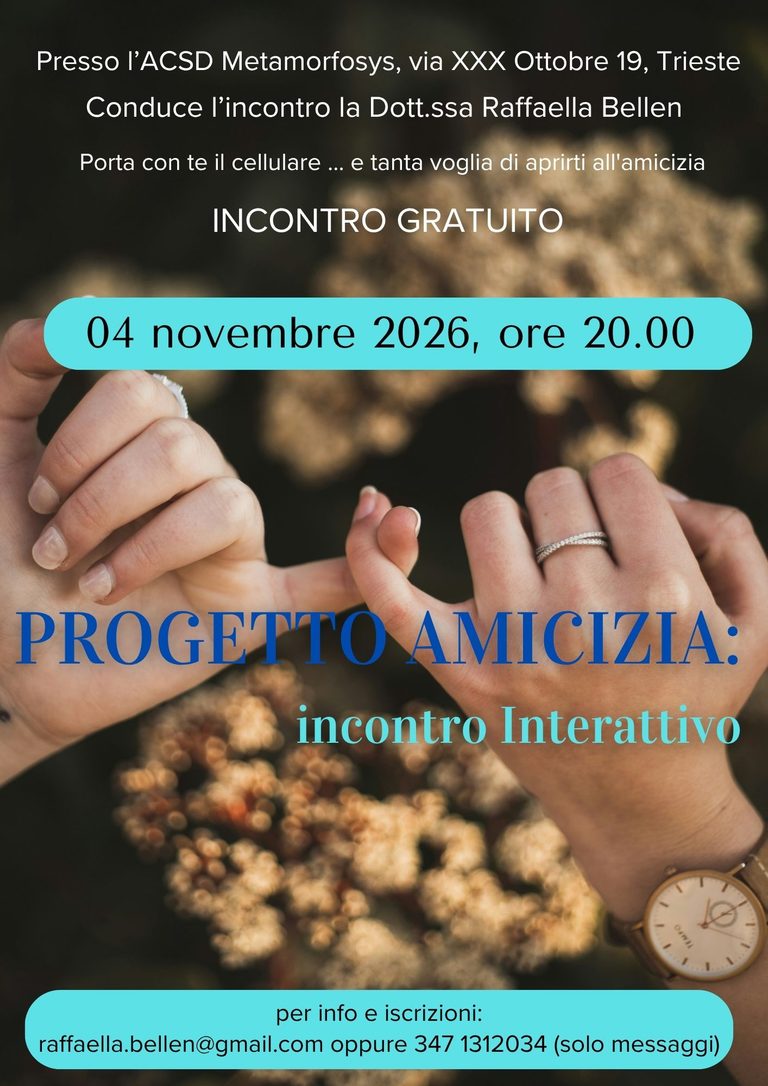 Progetto Amicizia: 4 novembre ore 20.00 incontro gratuito